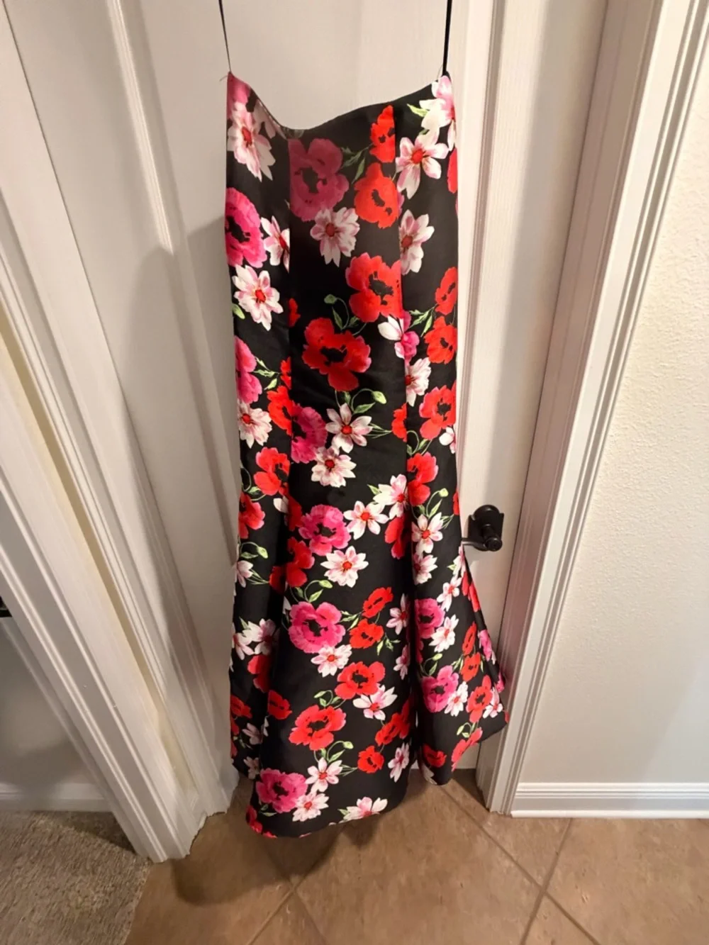 Floral Maxi Skirt in Black with Red & Pink Blooms - Picture 4 of 6